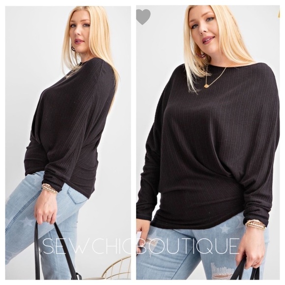 Plus Size Long Slv Thermal Brushed Tee Black - Picture 1 of 4